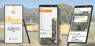 Three smartphone screens displaying the Clover beekeeping software app with a scenic background.